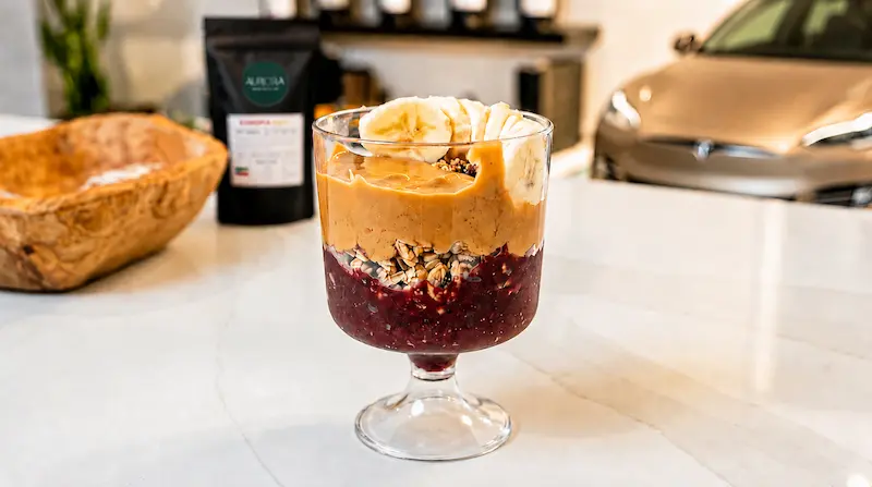 Premium Acai bowl layered with dark berry blend, granola, peanut butter, and sliced bananas on a white counter.