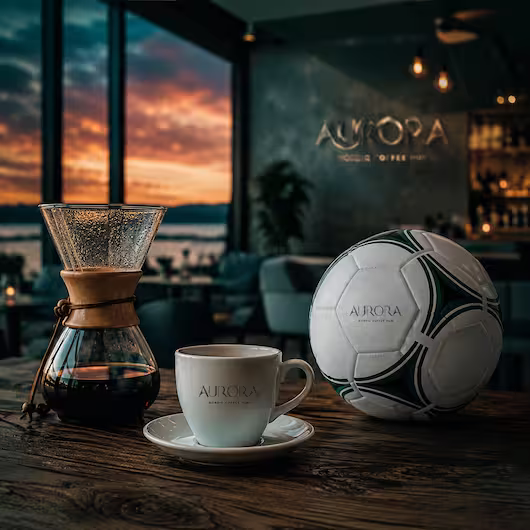 A custom Aurora branded football, a Chemex glass coffee brewer, and a white porcelain coffee cup sitting on a rustic wooden table inside a coffee house during a dramatic orange sunset.
