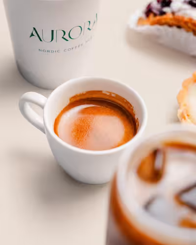 A pristine single shot showing rich crema and professional espresso coffee brewing at Aurora Nordic Coffee Hub.
