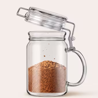 A clear glass container showcasing premium freeze-dried granules for instant coffee brewing.