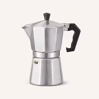 Classic aluminum Bialetti Moka Pot showing the traditional stovetop coffee brewing design.