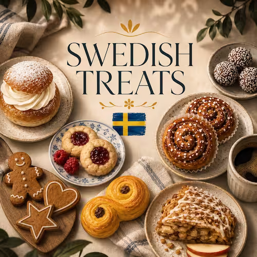 Swedish Treats Guide: An assortment of Swedish fika pastries around a Swedish flag icon, including semla, kanelbullar cinnamon rolls, lussekatter saffron bun, gingerbread cookies, and chokladbollar.