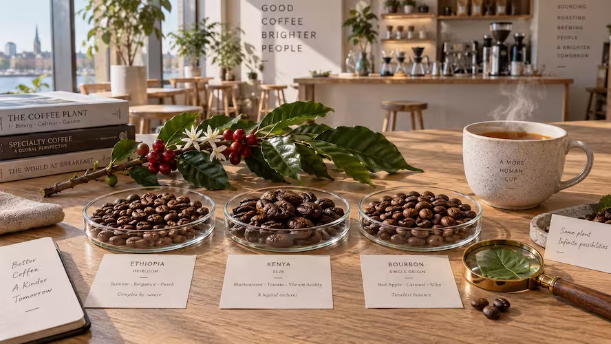 Arabica coffee cultivars explained: Glass Petri dishes of roasted coffee beans labeled Ethiopia, Kenya, and Bourbon arranged on a wooden table with a fresh coffee branch, magnifying glass, and steaming ceramic mug at Aurora Coffee Hub