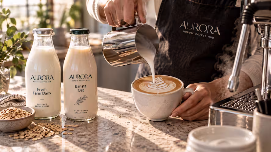 A barista pouring steamed milk latte art into a ceramic cup beside bottles of Aurora Fresh Farm Dairy and Barista Oat milk with a bowl of oats on the counter.