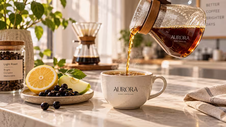 Coffee acidity vs sourness: Freshly brewed specialty coffee pouring from a glass carafe into an Aurora ceramic mug next to a lemon slice and green apple wedge