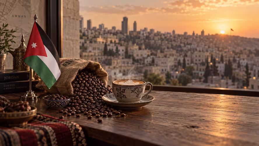 Specialty coffee market in Jordan: Coffee cup and beans by the Jordanian flag in Amman