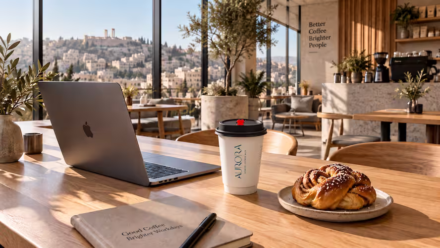A laptop, notebook, mug of black coffee, and Swedish cardamom bun on a wooden workspace table overlooking Amman hills at Aurora Coffee Hub.