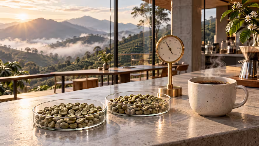 Thermal altitude in specialty coffee: Raw green coffee beans and mountain farm elevation science at Aurora Coffee Hub