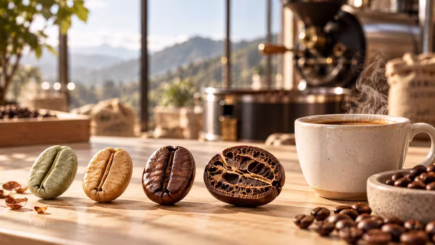 Four coffee beans showing progressive roast levels from green to yellow, medium, and cross-section roasted beside a steaming cup of coffee and a roaster.