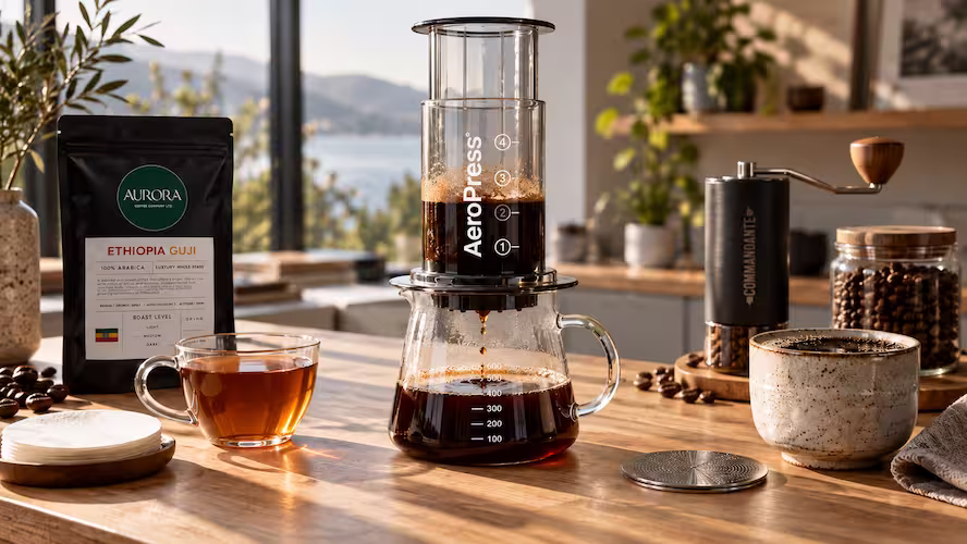 AeroPress coffee brewing guide: Clear AeroPress maker, hand grinder, and side-by-side cups comparing paper filter clarity and metal filter body on a wooden counter.