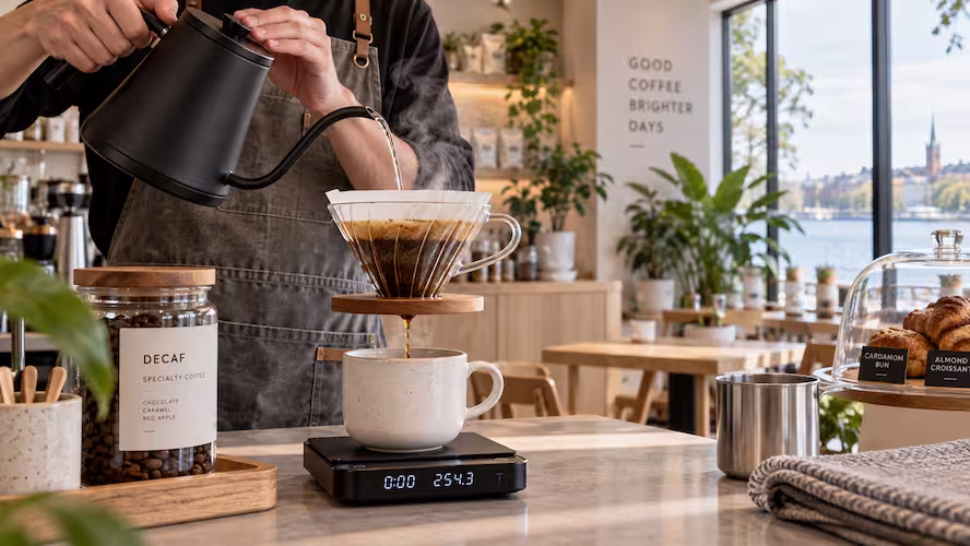 Specialty decaf coffee guide: Handcrafted pour-over brew with freshly roasted decaf coffee beans at Aurora Coffee Hub