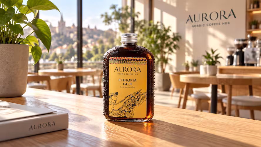 A glass flask bottle of chilled Aurora Ethiopia Guji Cold Brew with water droplets on a sunlit wooden bar overlooking Amman.
