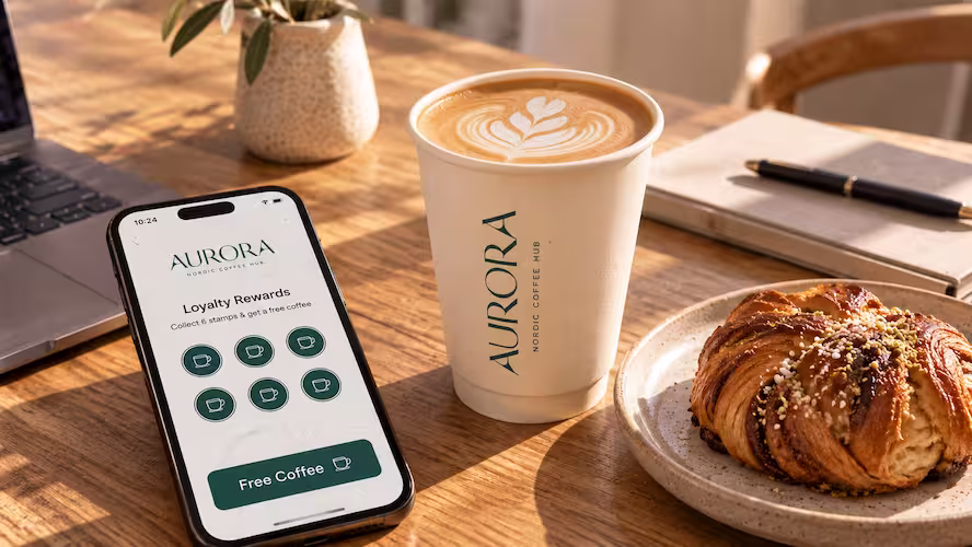 Direct coffee delivery in Jordan: Aurora Coffee Hub rewards, fast Careem Express dispatch, and artisan specialty drinks on a wooden cafe counter.