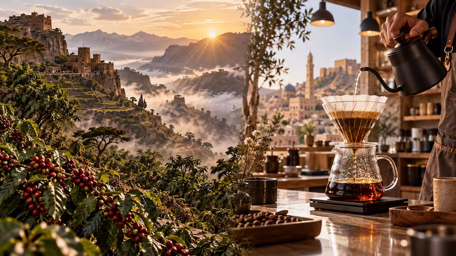 Hot water pouring from a gooseneck kettle into a glass pour-over dripper beside coffee cherries on a branch, overlooking sunlit mountain terraces and historic stone architecture.