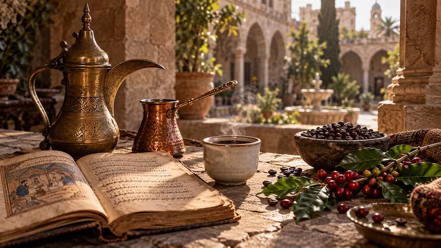 An antique brass Dallah, copper cezve, open historical manuscript, coffee cherries, and roasted beans on a stone ledge in a sunlit historic courtyard.