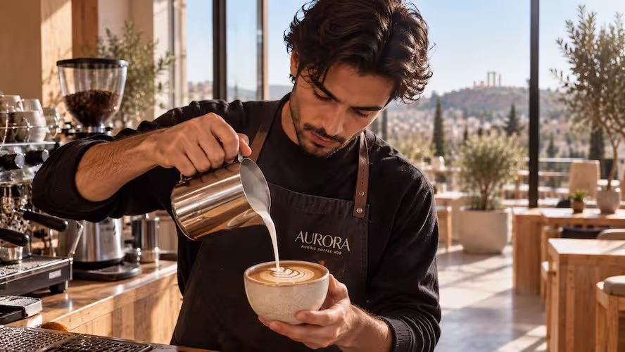 A barista in a branded Aurora apron pouring steamed microfoam latte art into a ceramic cup at a sunlit espresso bar overlooking Amman.