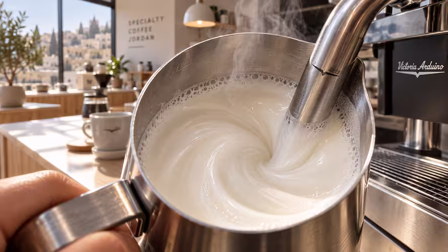 Steaming wand creating a silky microfoam vortex inside a stainless steel milk pitcher on an espresso machine bar in morning sunlight.