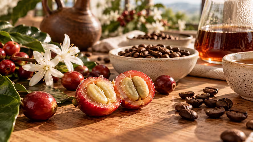 A sliced ripe coffee cherry revealing seeds, flowering coffee branch, roasted coffee beans in a ceramic bowl, and brewed filter coffee in a carafe on a wooden table.